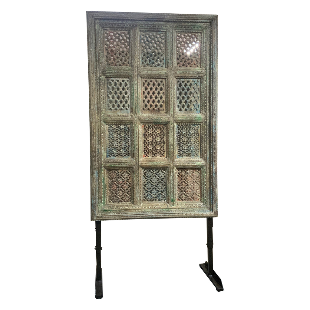 Carved Mango Wood Panel on Iron Stand
