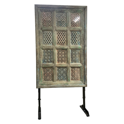 Carved Mango Wood Panel on Iron Stand