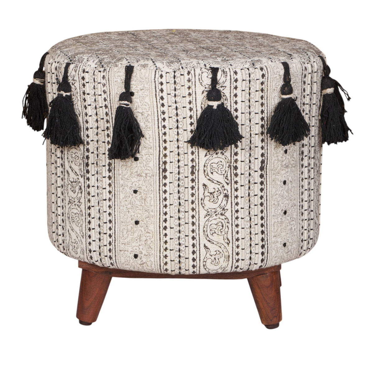 Block-Printed Tasseled Cotton Ottoman by Studio Vastu