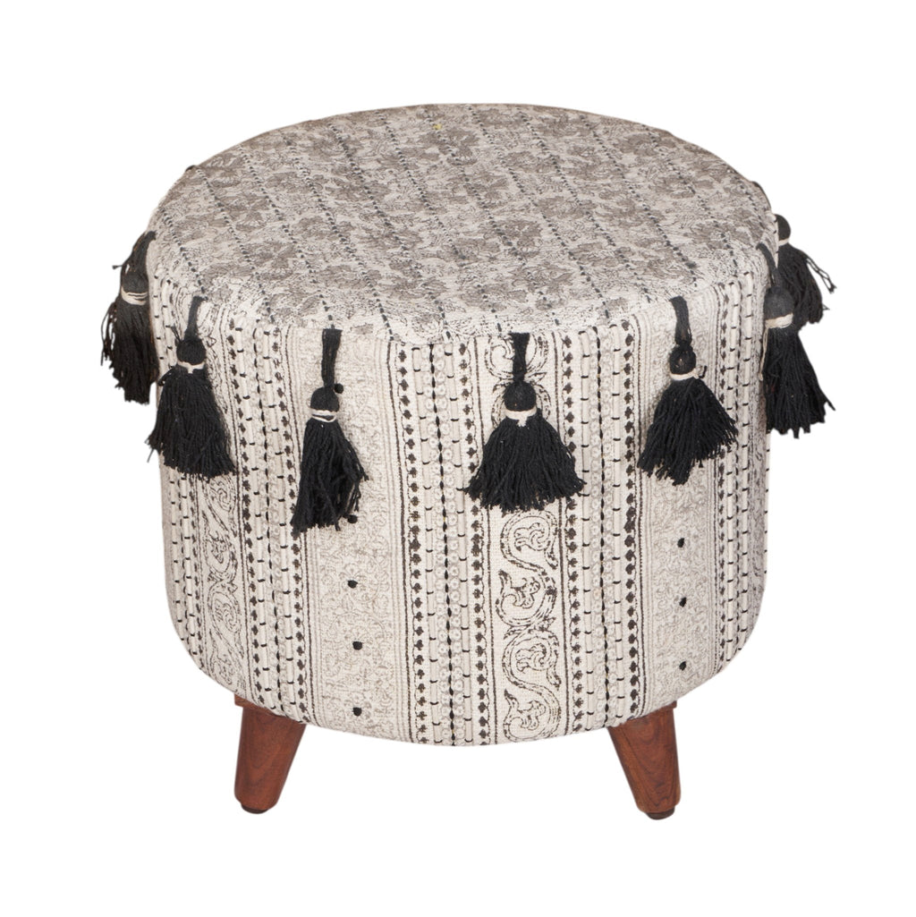 Block-Printed Tasseled Cotton Ottoman by Studio Vastu