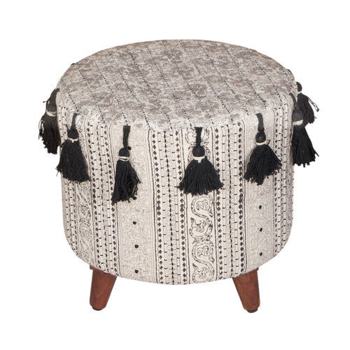 Block-Printed Tasseled Cotton Ottoman by Studio Vastu