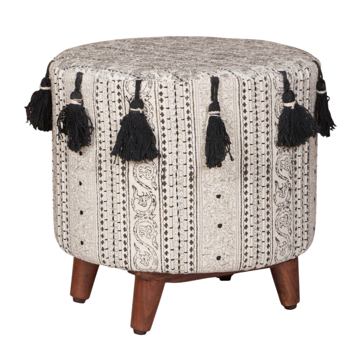 Block-Printed Tasseled Cotton Ottoman by Studio Vastu