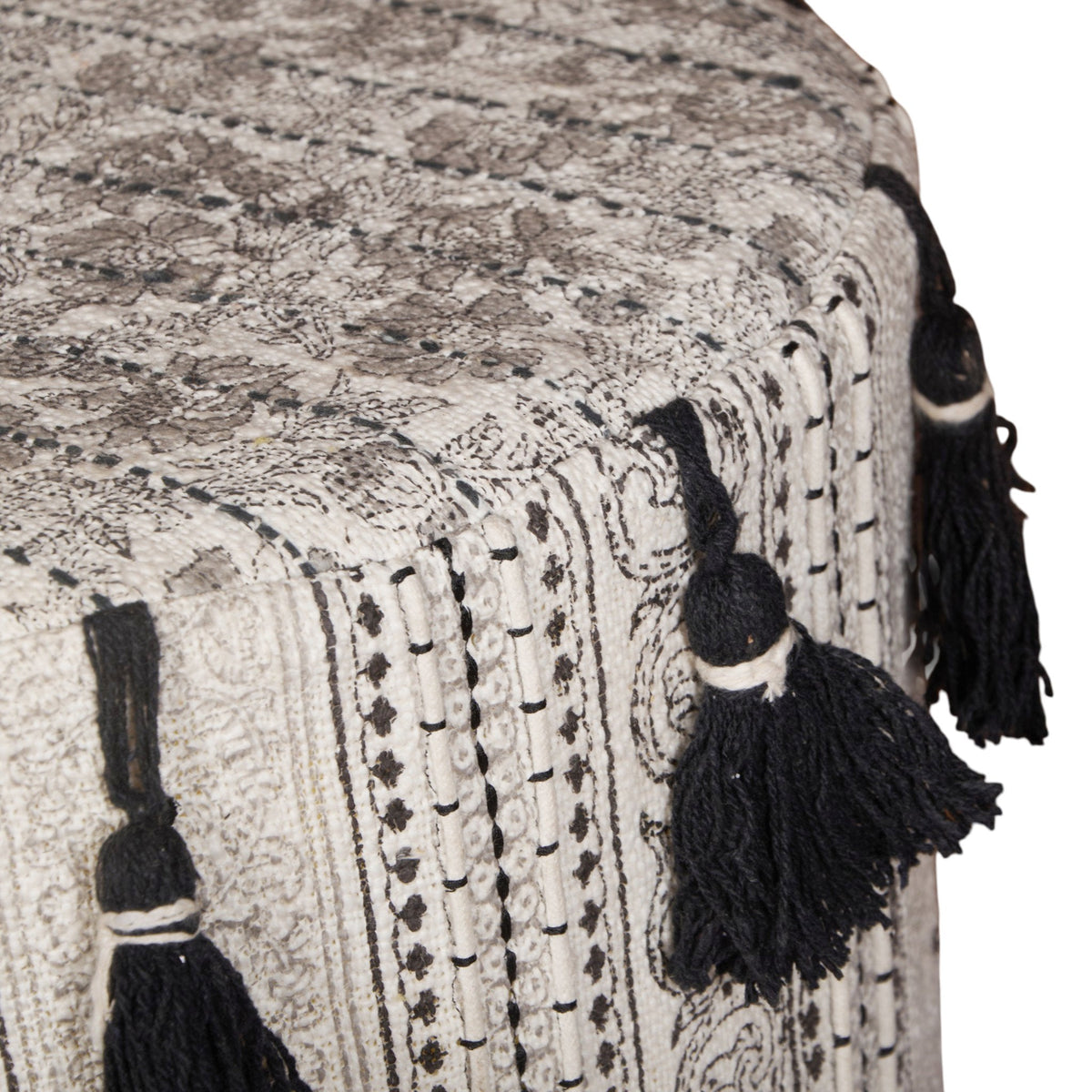 Block-Printed Tasseled Cotton Ottoman by Studio Vastu