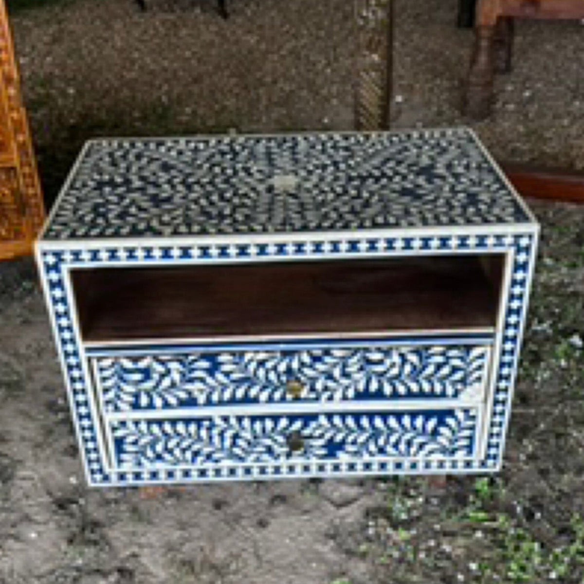 Blue and White Leaf Resin Inlay Side Table by Studio Vastu