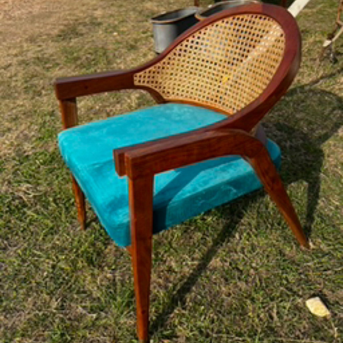 Blue Rattan and Wood Armchair by Studio Vastu