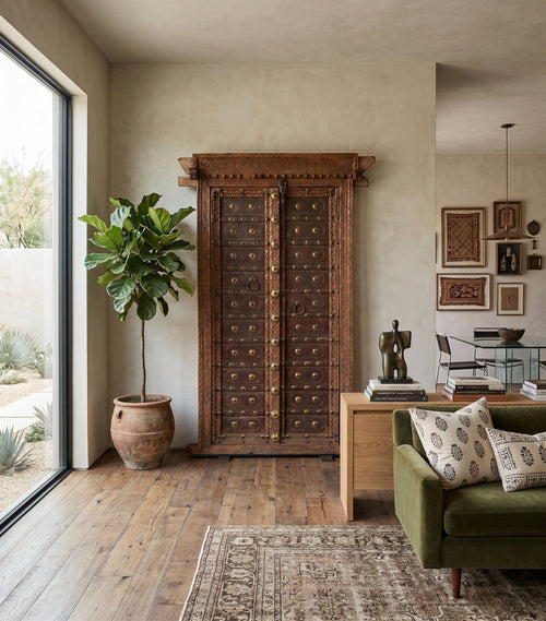 Brass-Studded Hand-Carved Haveli Door by Studio Vastu