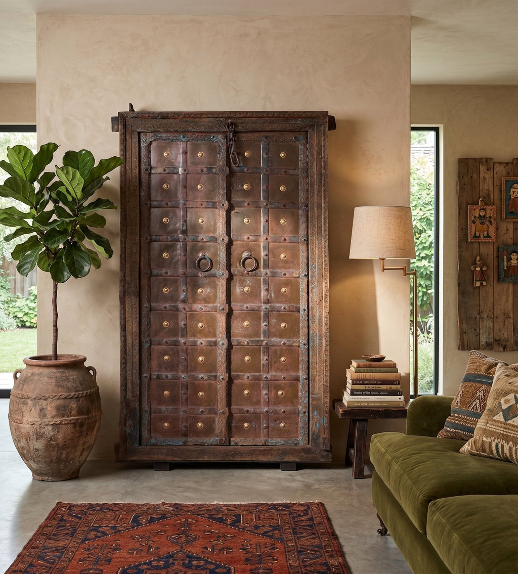 Brass-Studded Iron Clad Haveli Door by Studio Vastu