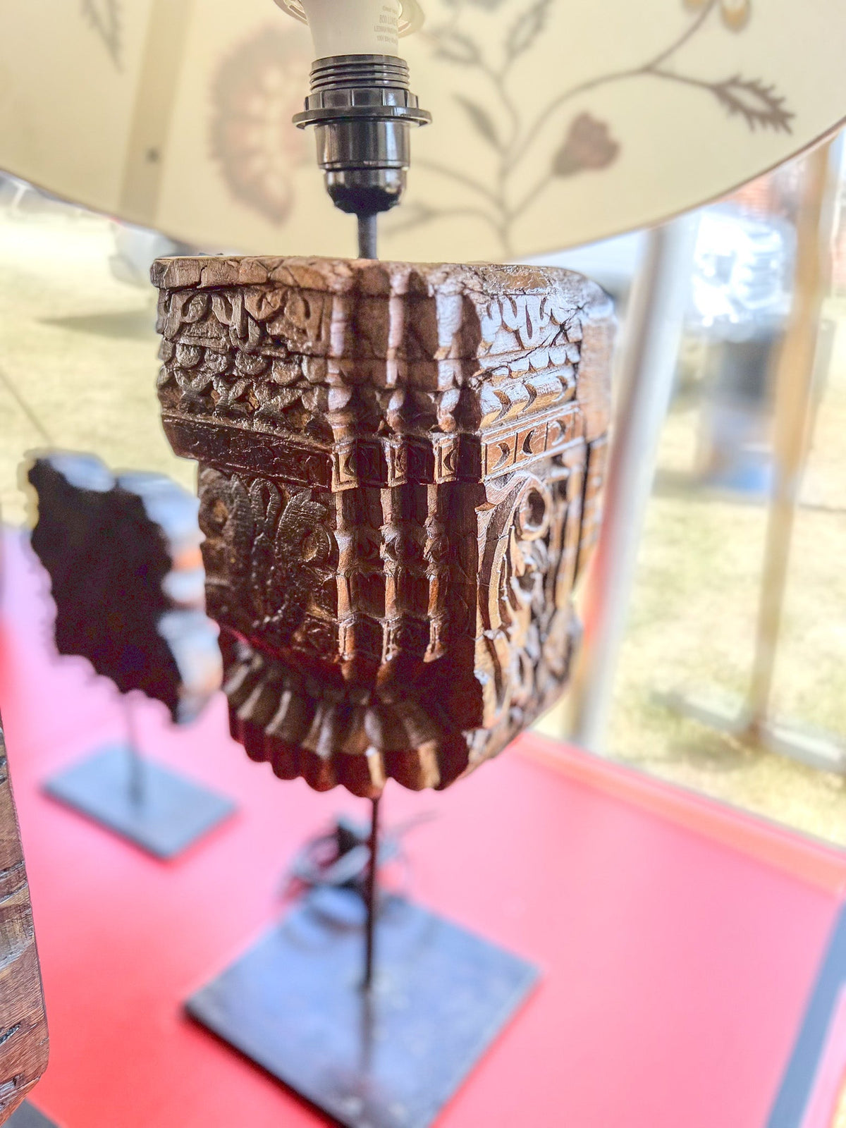 Carved Teak Pillar Table Lamp by Studio Vastu