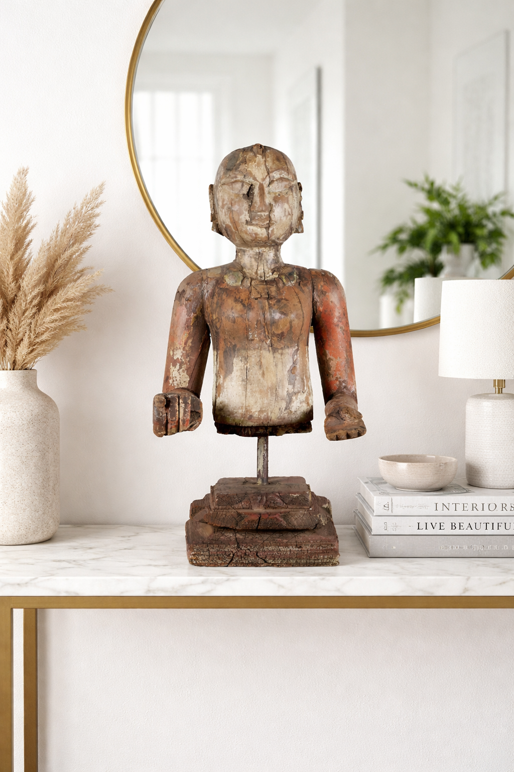 Carved Wood Folk Figure on Iron Stand by Studio Vastu