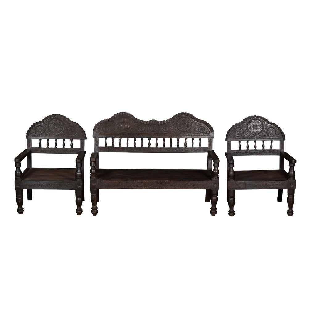 Carved Wood Three-Piece Seating Set by Studio Vastu