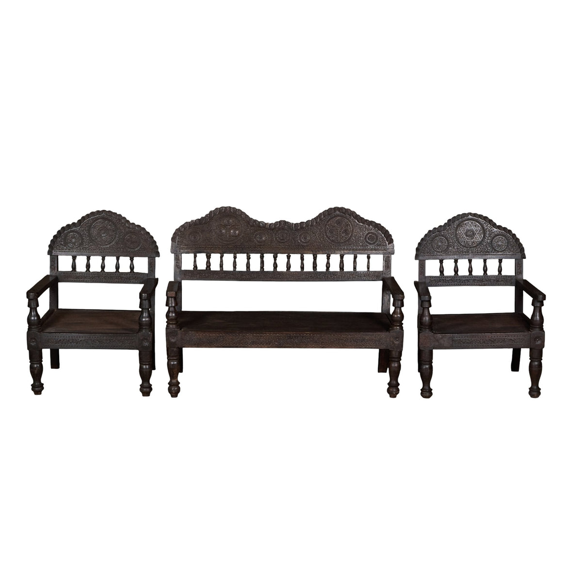 Carved Wood Three-Piece Seating Set by Studio Vastu