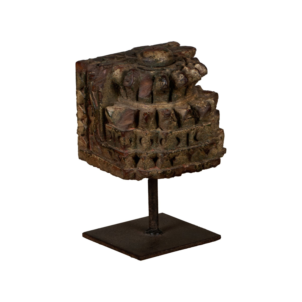 Carved Wooden Pillar Capital Fragments on Iron Stands by Studio Vastu