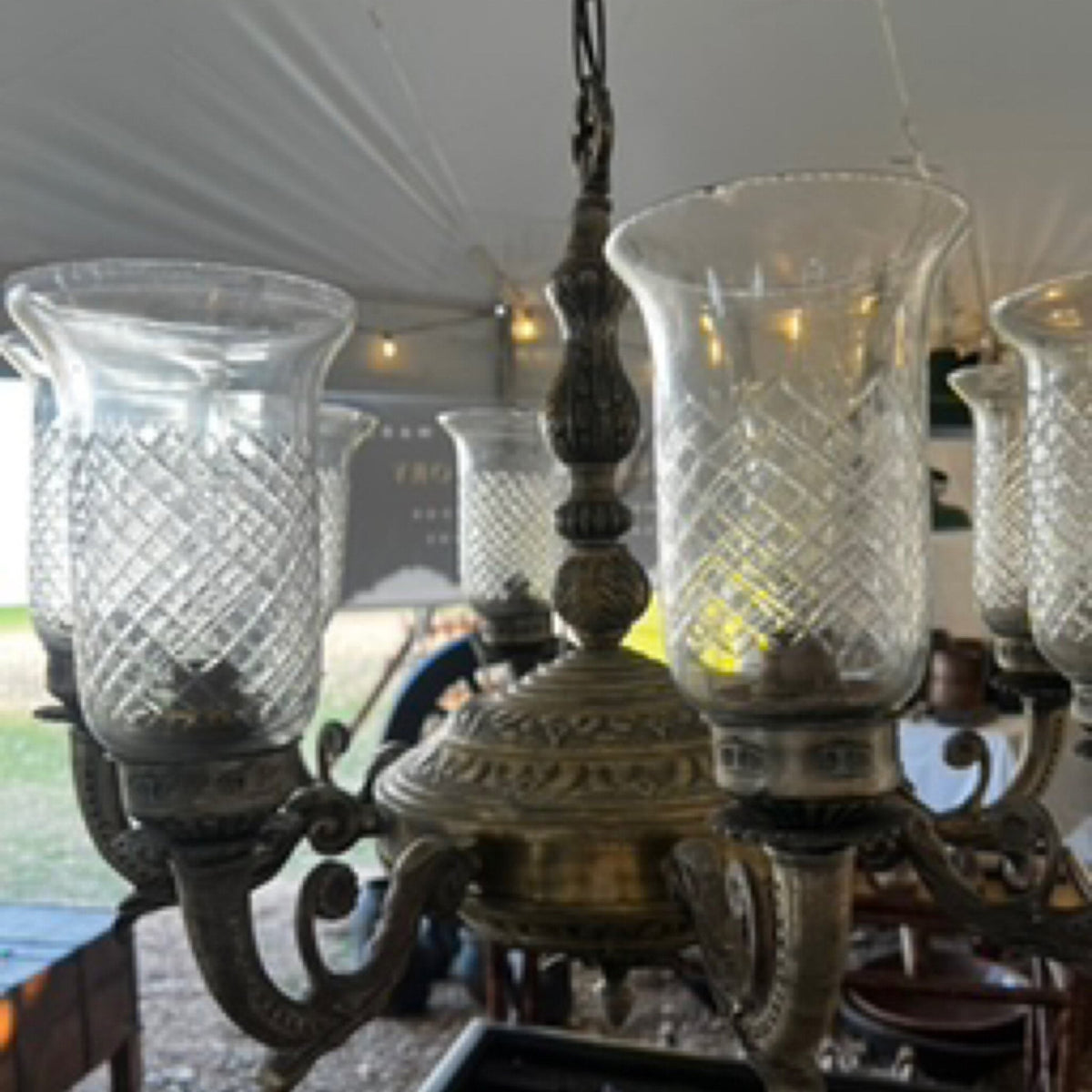 Etched Glass Brass Chandelier by Studio Vastu