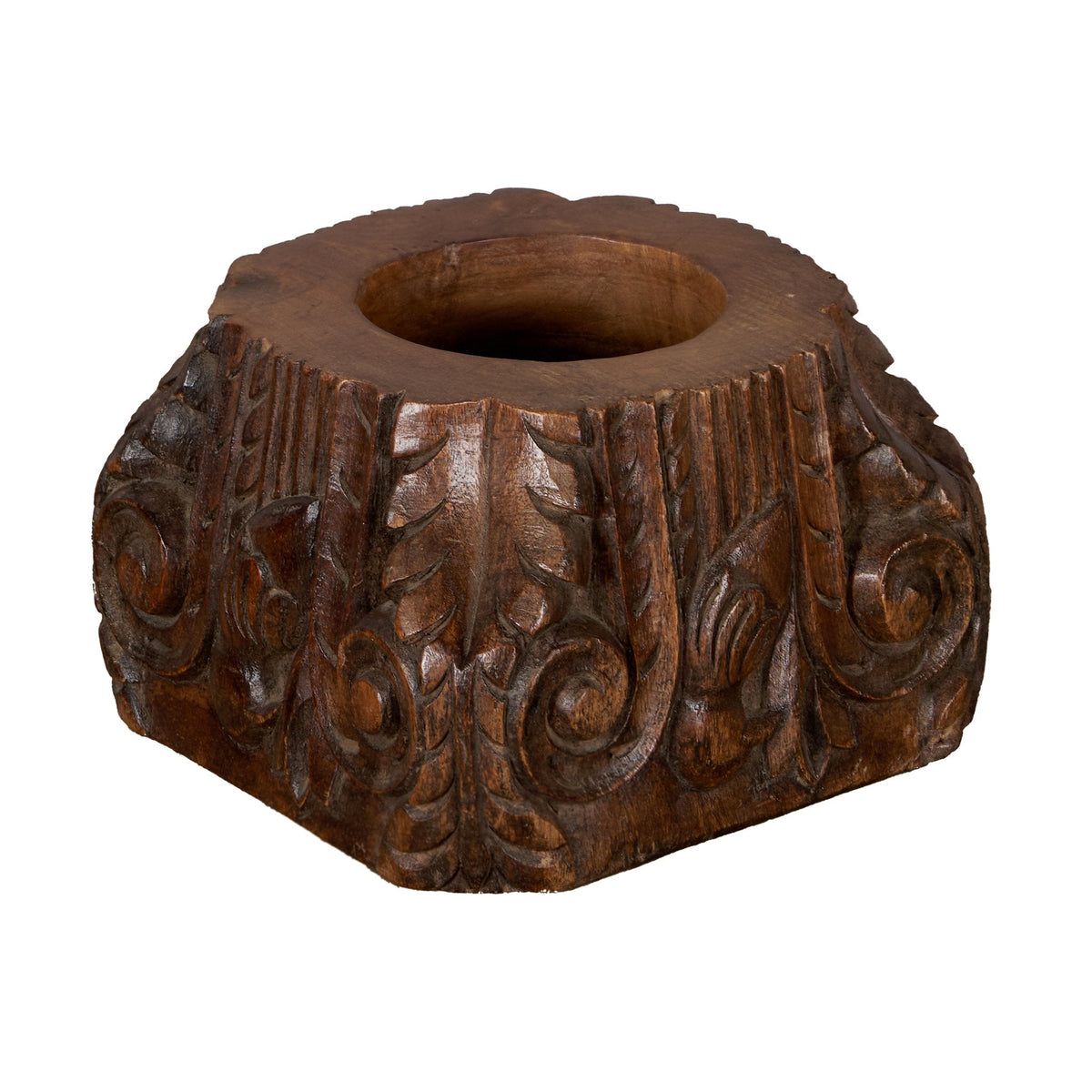 Foliate Carved Teak Wood Pedestal Base by Studio Vastu