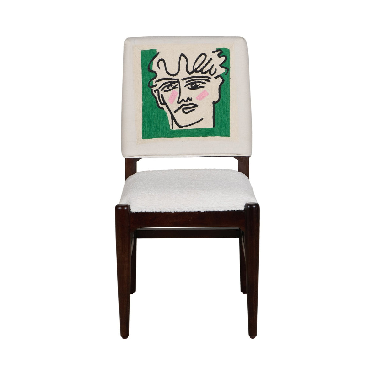 Graphic Face Acacia Wood Bouclé Dining Chair by Studio Vastu