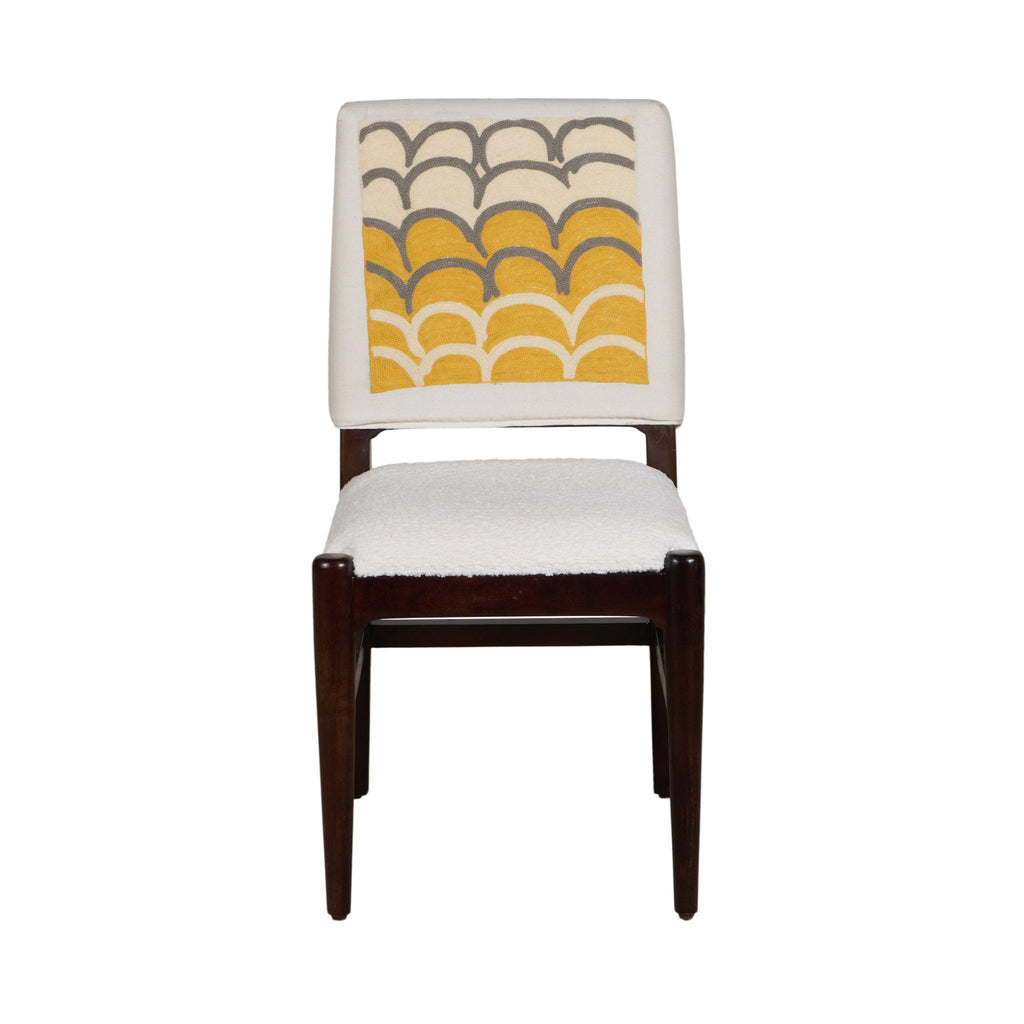 Graphic Face Acacia Wood Bouclé Dining Chair by Studio Vastu