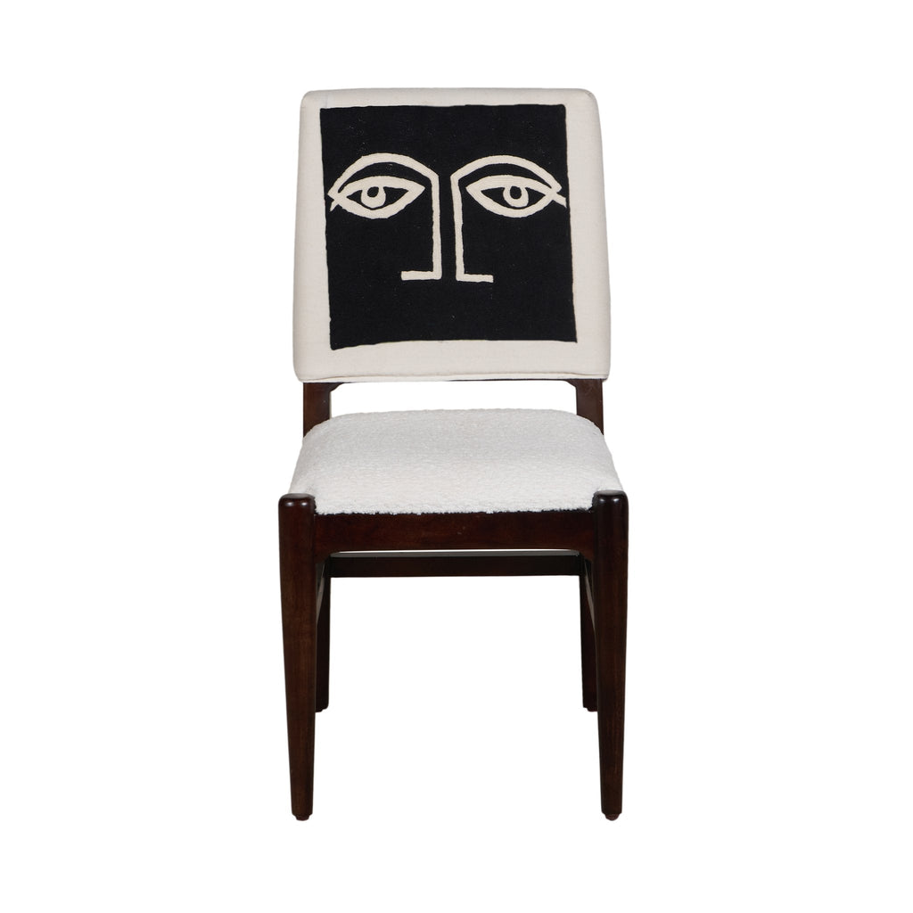 Graphic Face Acacia Wood Bouclé Dining Chair by Studio Vastu