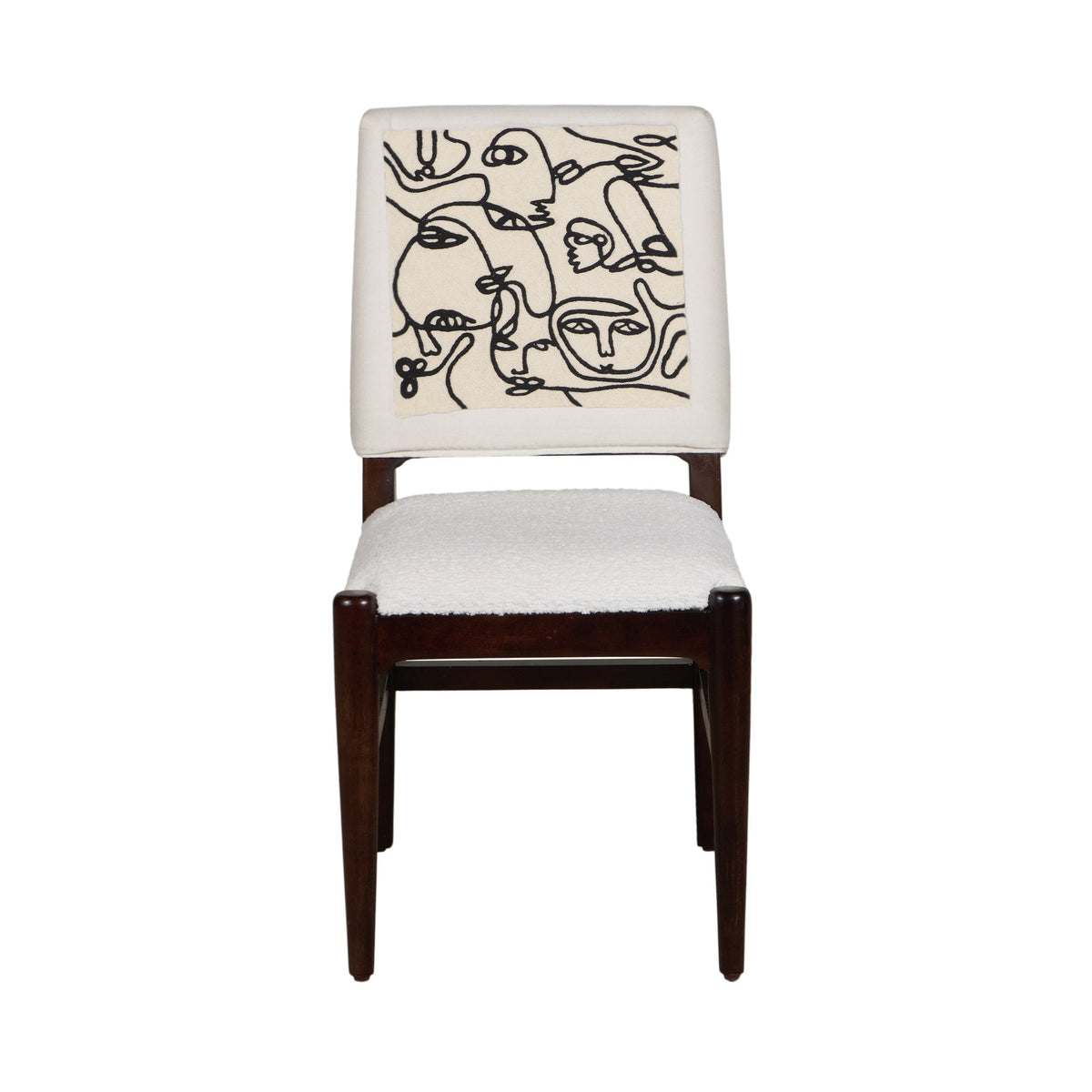 Graphic Face Acacia Wood Bouclé Dining Chair by Studio Vastu