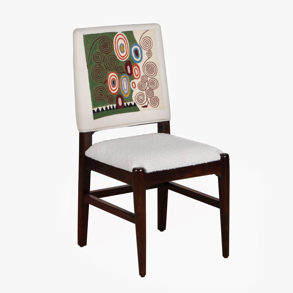 Graphic Face Acacia Wood Bouclé Dining Chair by Studio Vastu