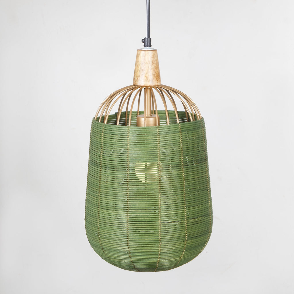 Green Cane & Mango Wood Cage Pendant Light by Studio Vastu