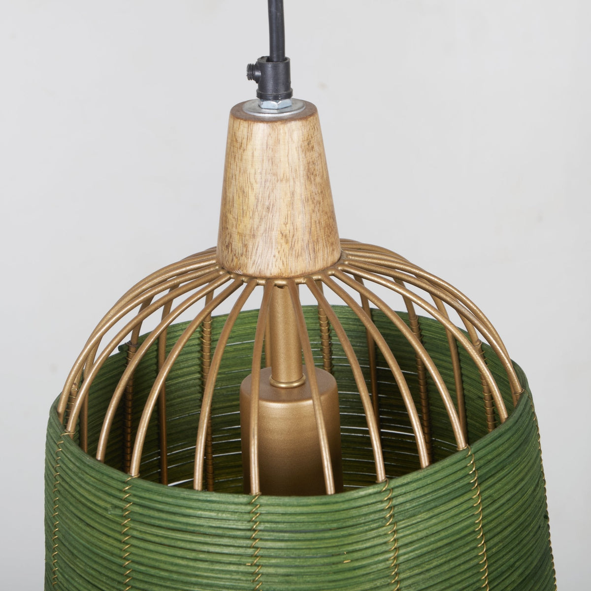 Green Cane & Mango Wood Cage Pendant Light by Studio Vastu