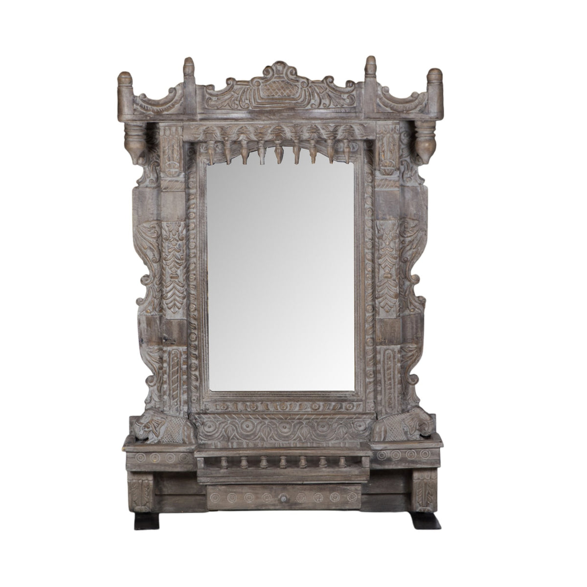 Grey Carved Wood Jharokha Mirror by Studio Vastu