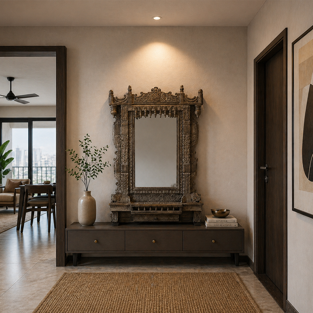 Grey Carved Wood Jharokha Mirror by Studio Vastu