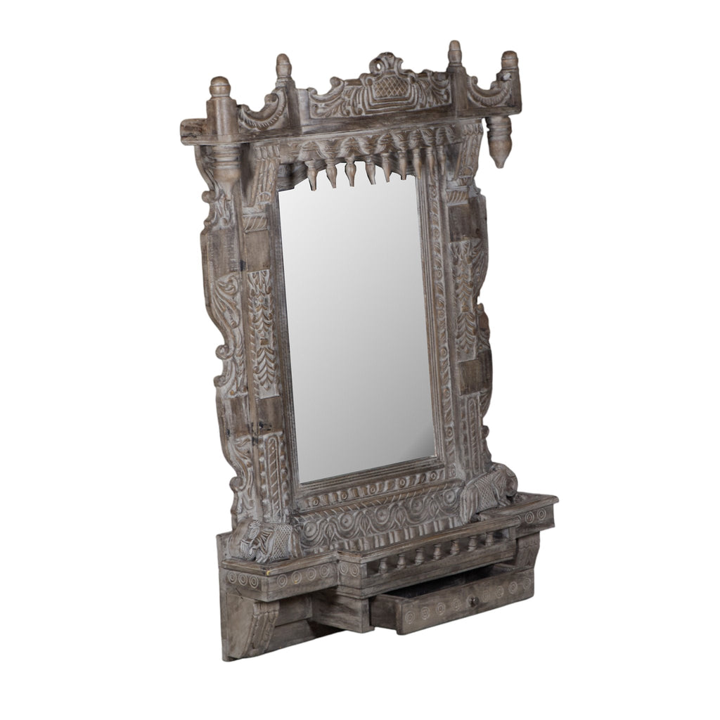 Grey Carved Wood Jharokha Mirror by Studio Vastu