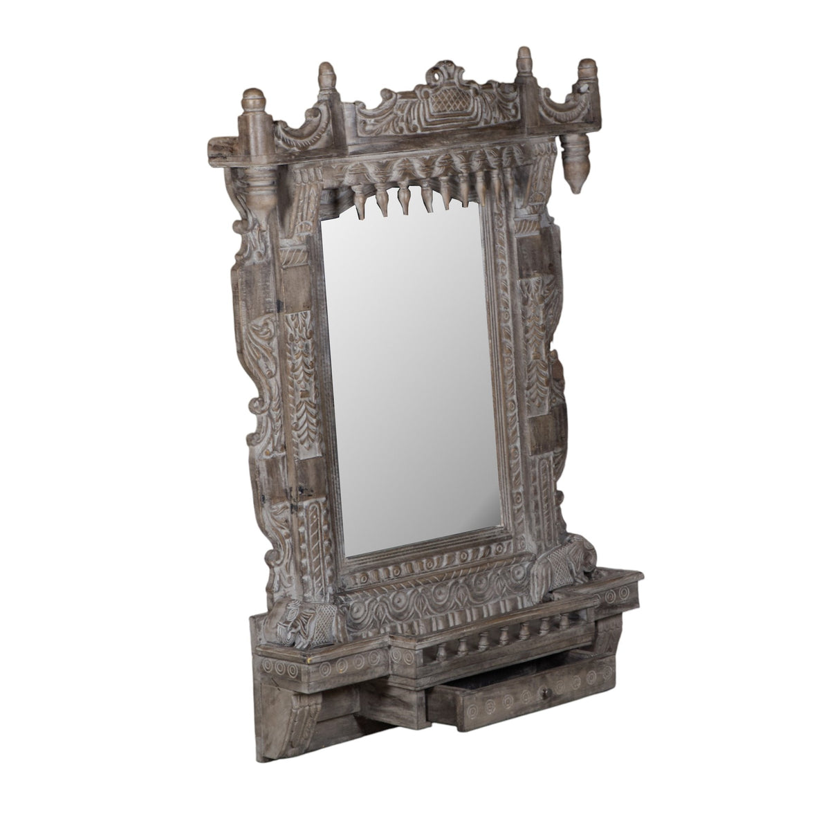 Grey Carved Wood Jharokha Mirror by Studio Vastu