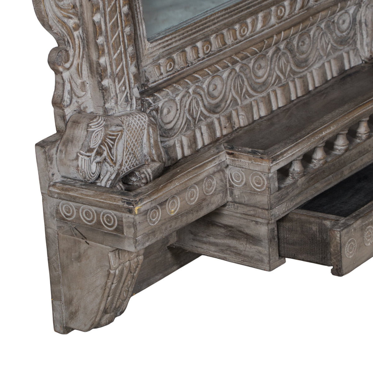 Grey Carved Wood Jharokha Mirror by Studio Vastu