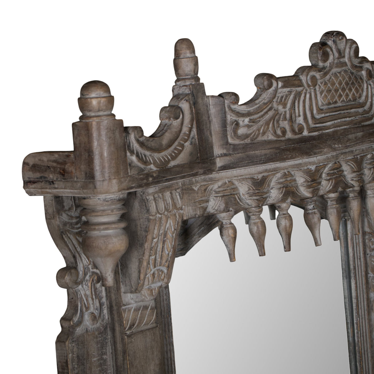Grey Carved Wood Jharokha Mirror by Studio Vastu