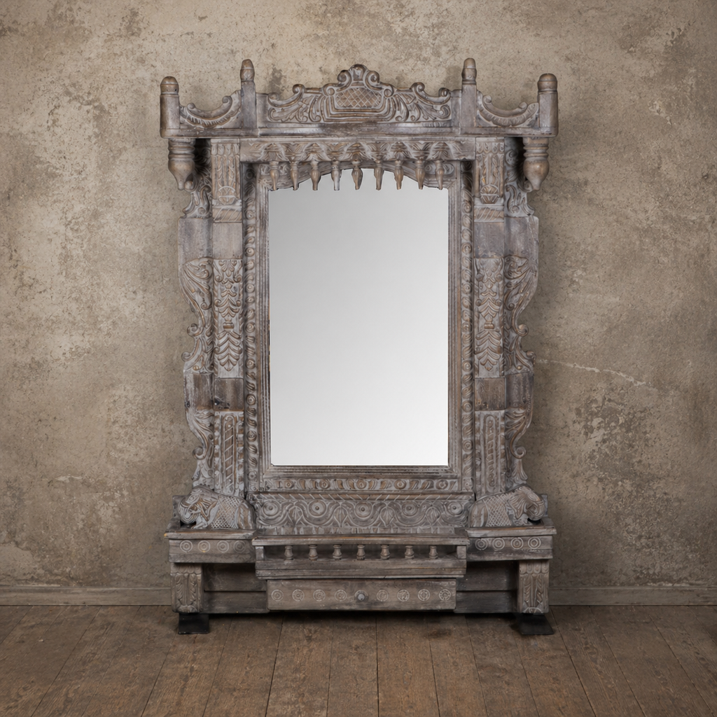 Grey Carved Wood Jharokha Mirror by Studio Vastu