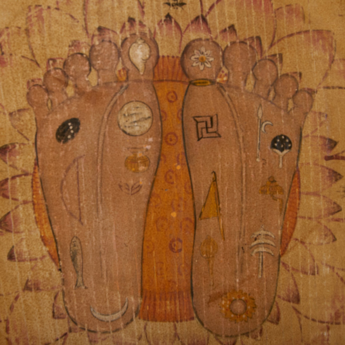Hand-Painted Charan Paduka Wooden Wall Panel by Studio Vastu