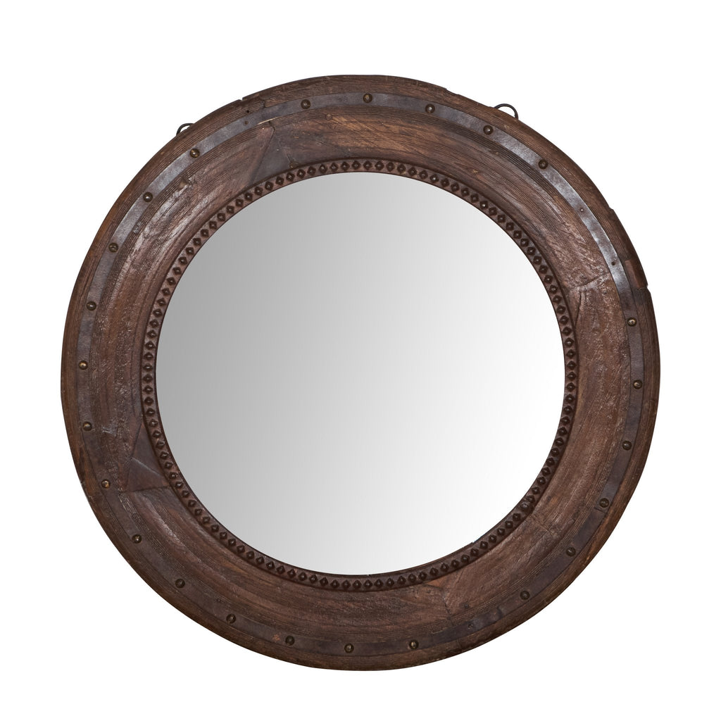 Iron-Studded Vintage Reclaimed Wooden Wheel Mirror by Studio Vastu
