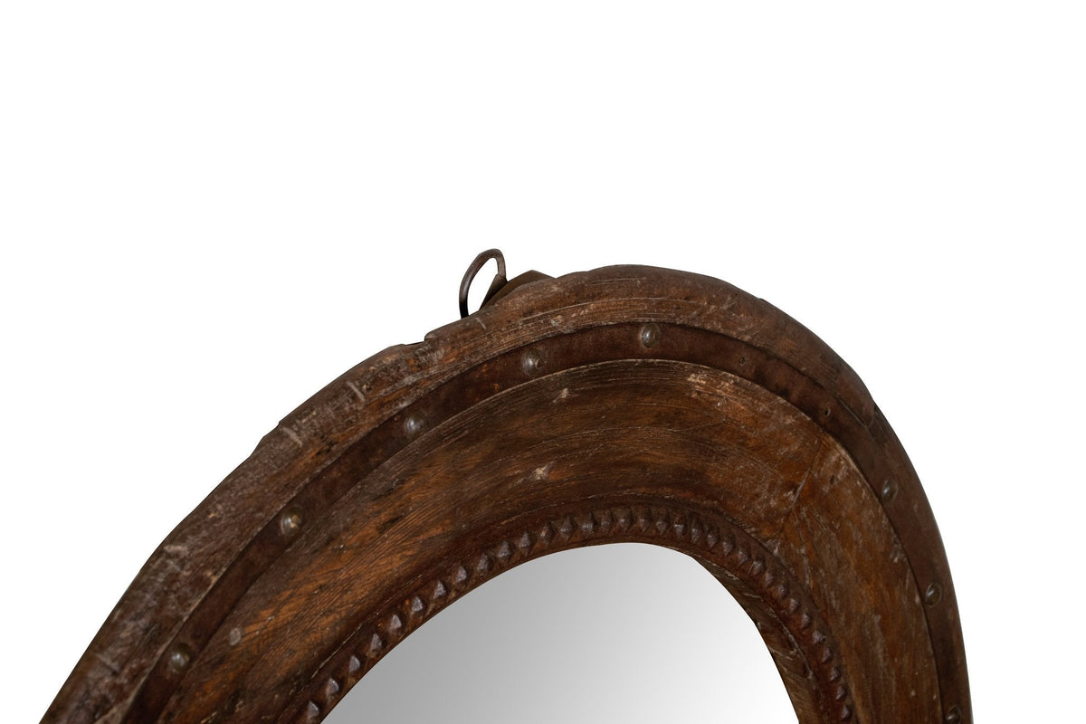 Iron-Studded Vintage Reclaimed Wooden Wheel Mirror by Studio Vastu