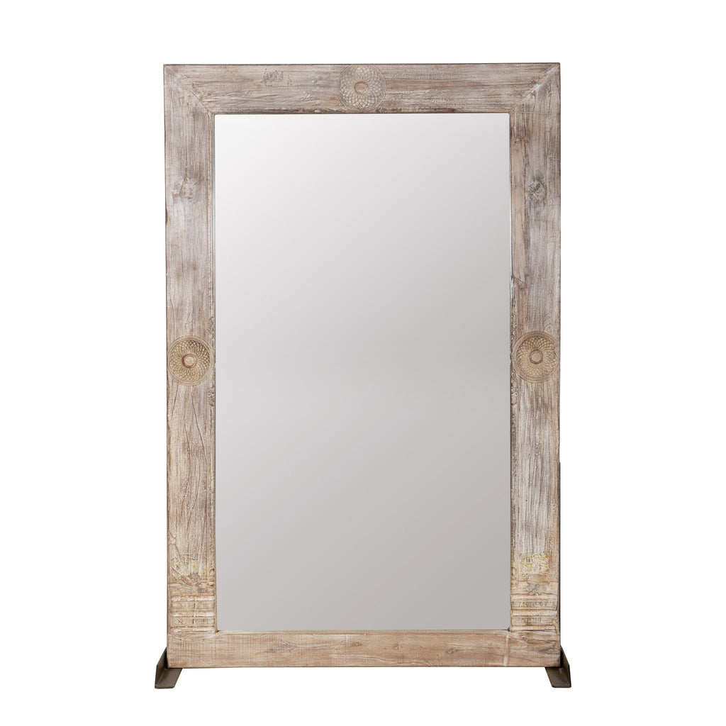 Medallion Carved Whitewashed Wood Floor Mirror by Studio Vastu