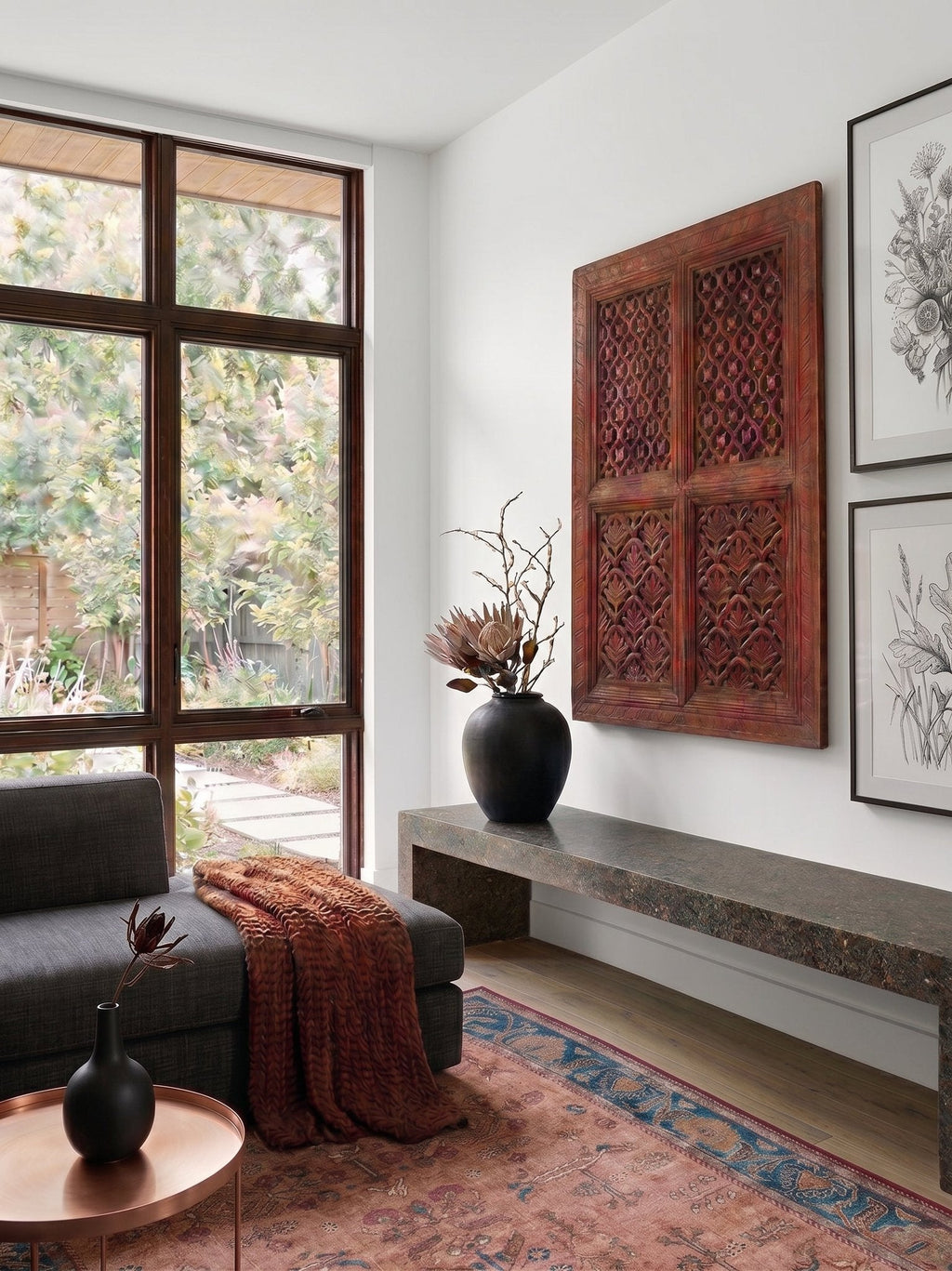 Red Carved Wood Jali Wall Panel by Studio Vastu