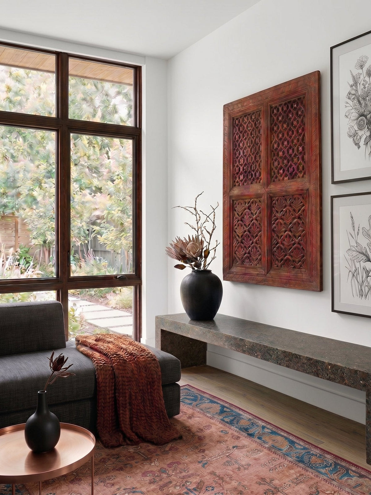 Red Carved Wood Jali Wall Panel by Studio Vastu