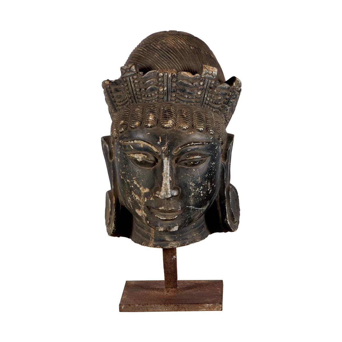 Stone Deity Head on Iron Stand by Studio Vastu