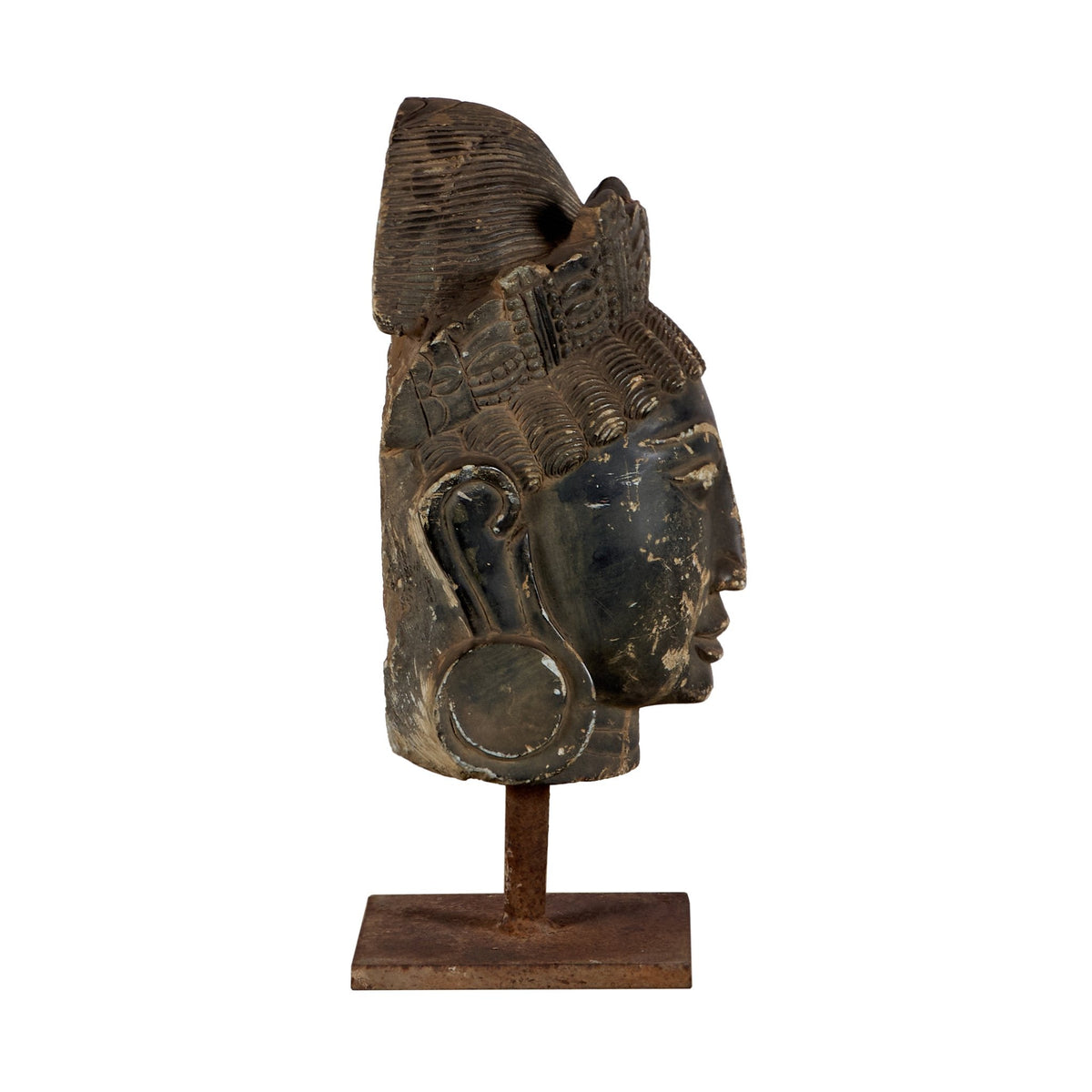 Stone Deity Head on Iron Stand by Studio Vastu