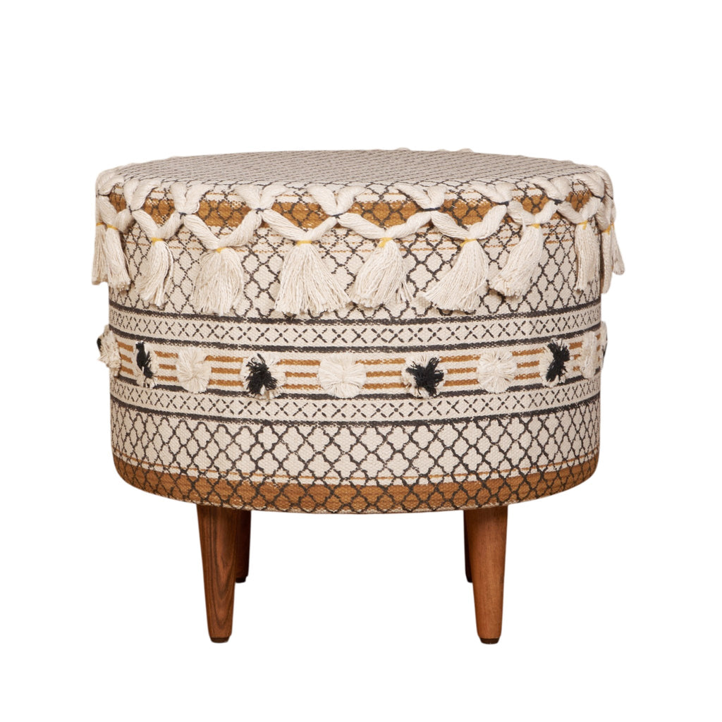 Tasseled Cotton Block Print Ottoman by Studio Vastu