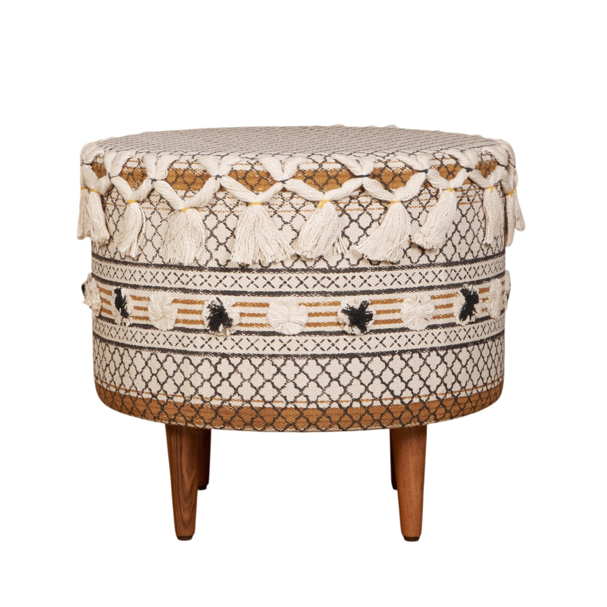 Tasseled Cotton Block Print Ottoman by Studio Vastu