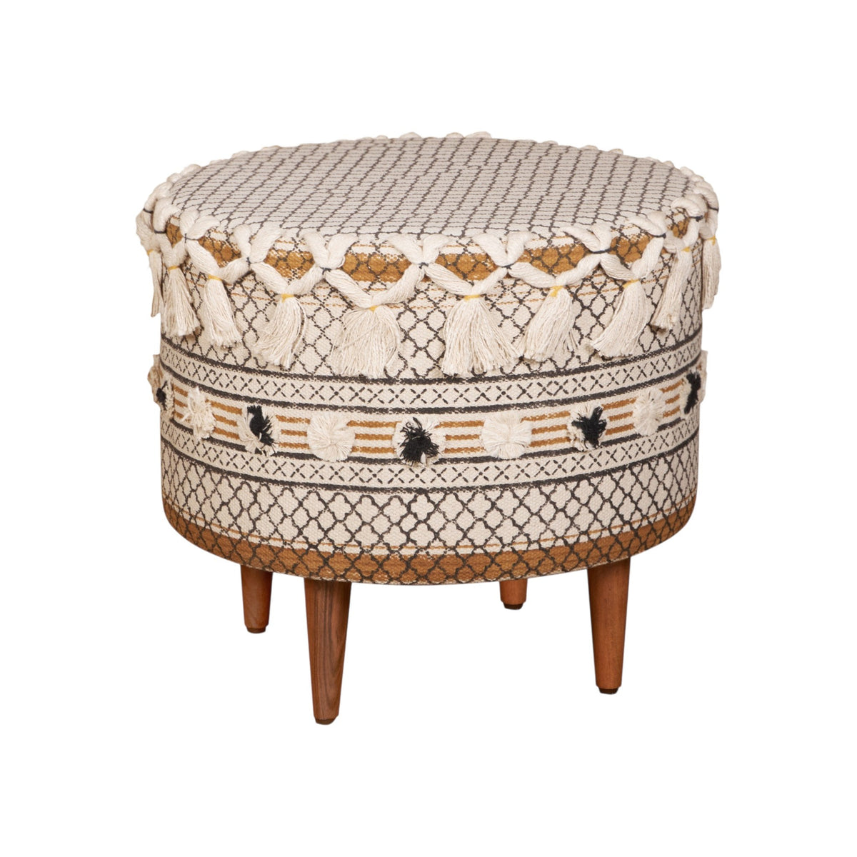 Tasseled Cotton Block Print Ottoman by Studio Vastu