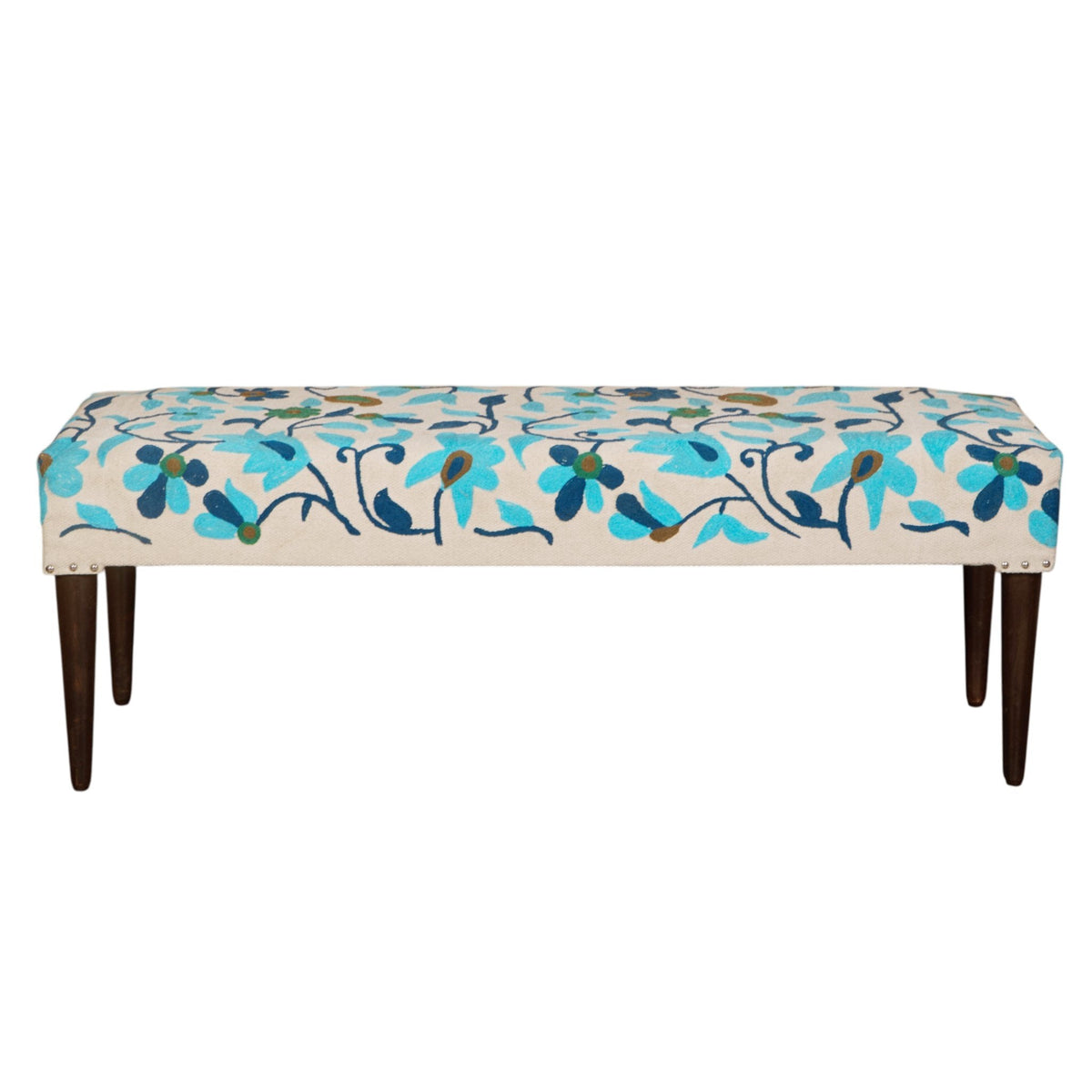 Turquoise Floral Embroidered Cotton Bench by Studio Vastu