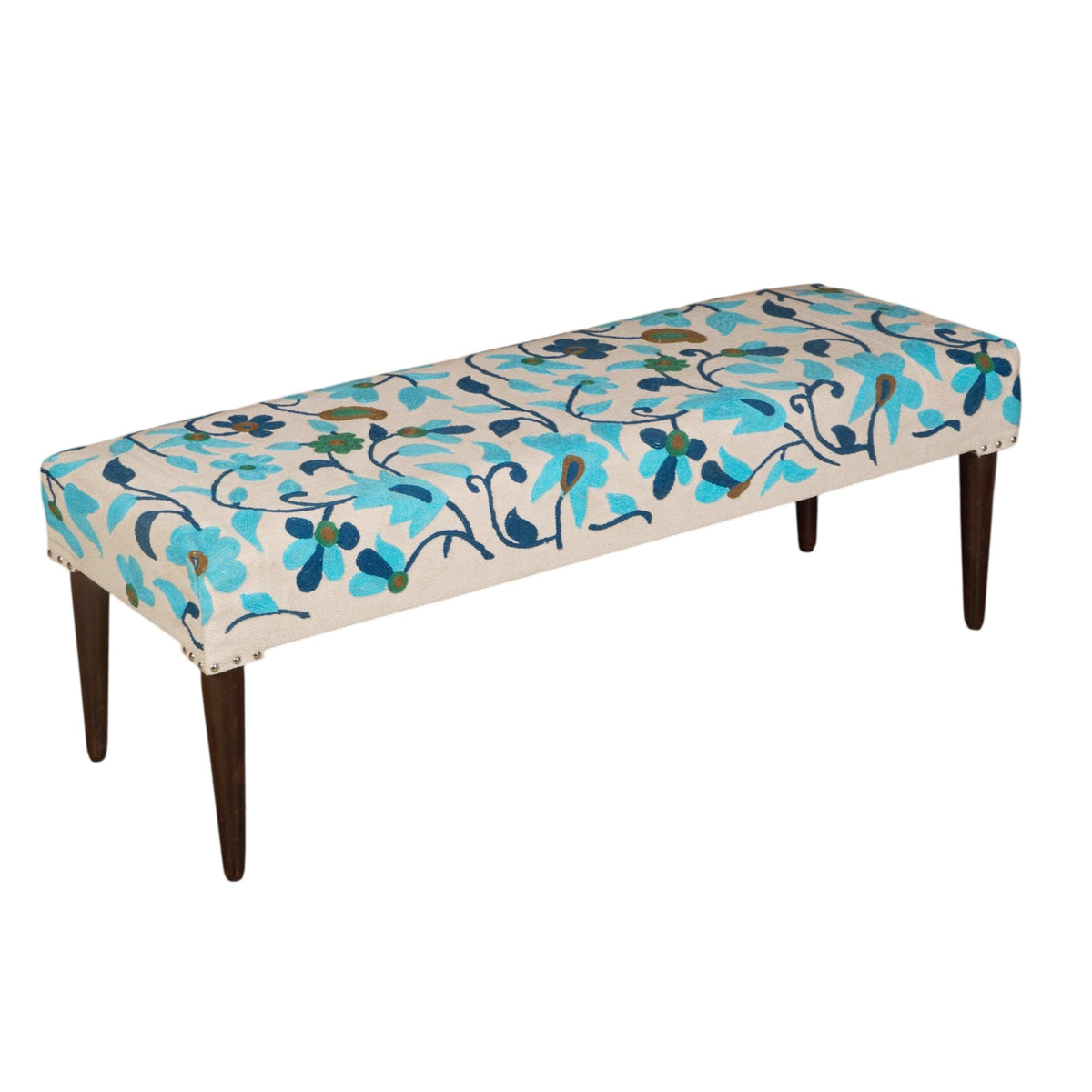 Turquoise Floral Embroidered Cotton Bench by Studio Vastu
