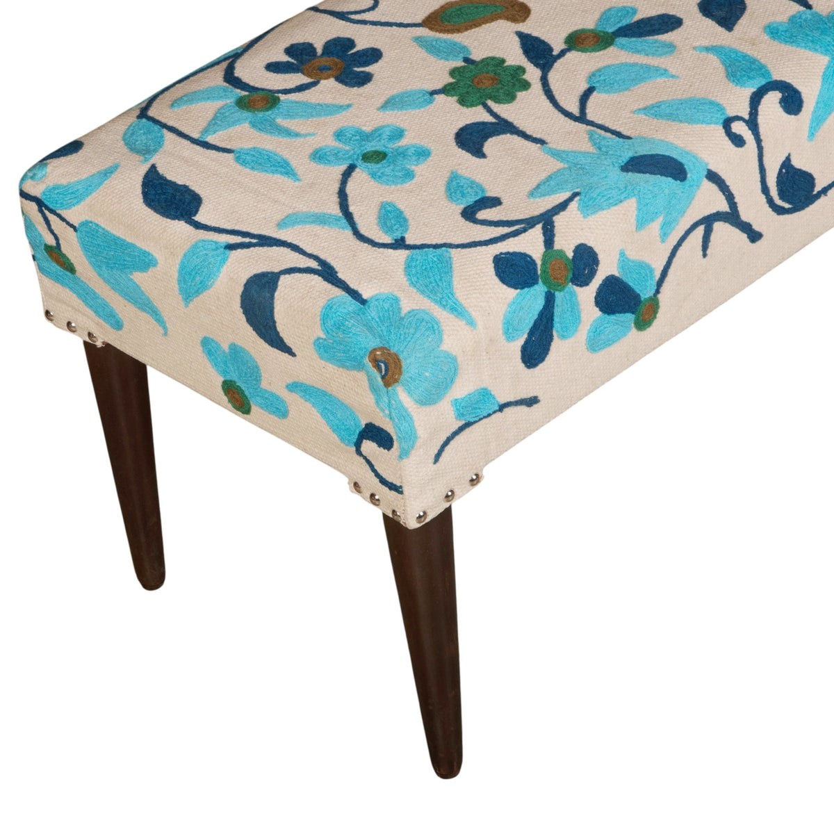 Turquoise Floral Embroidered Cotton Bench by Studio Vastu