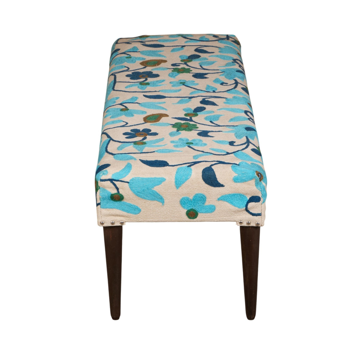 Turquoise Floral Embroidered Cotton Bench by Studio Vastu