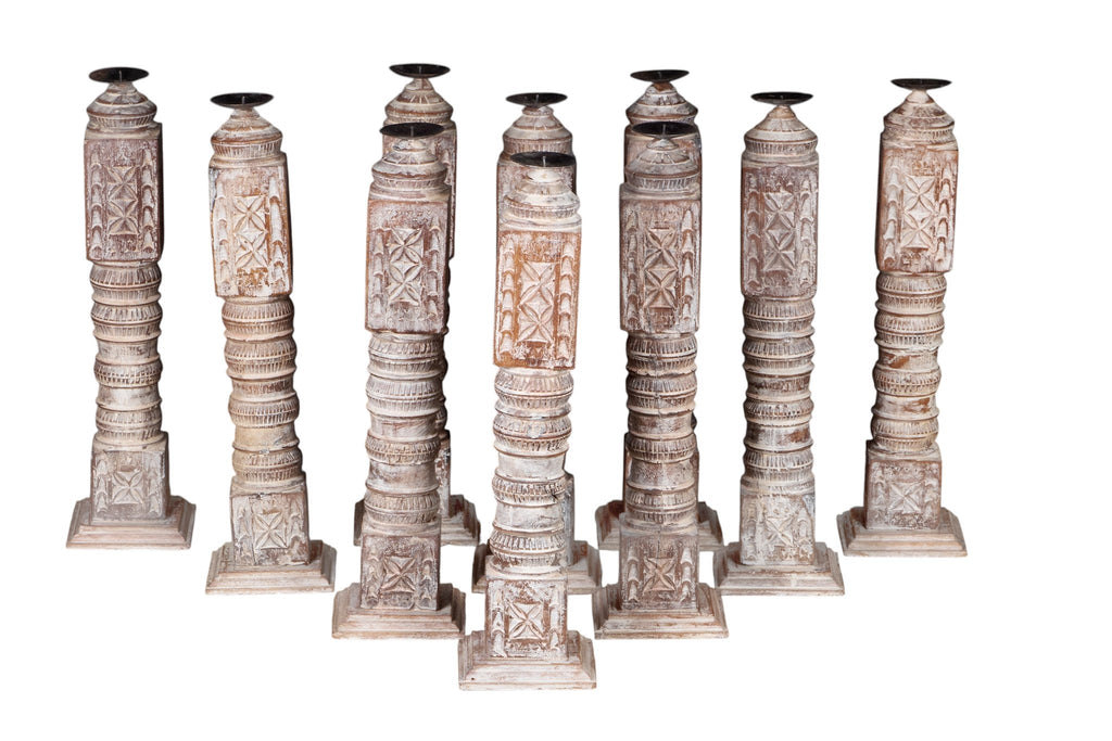 Whitewashed Carved Wood Pillar Candle Holders by Studio Vastu