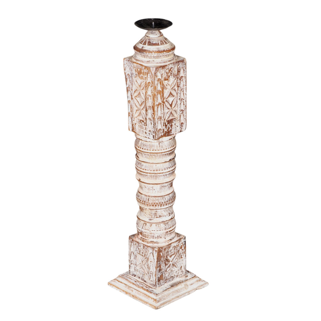 Whitewashed Carved Wood Pillar Candle Holders by Studio Vastu
