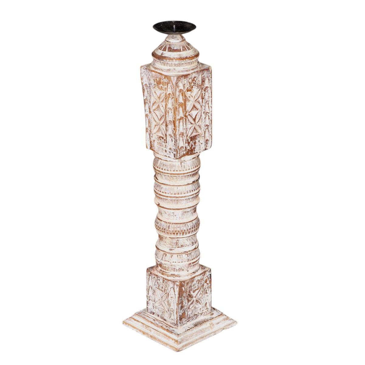Whitewashed Carved Wood Pillar Candle Holders by Studio Vastu